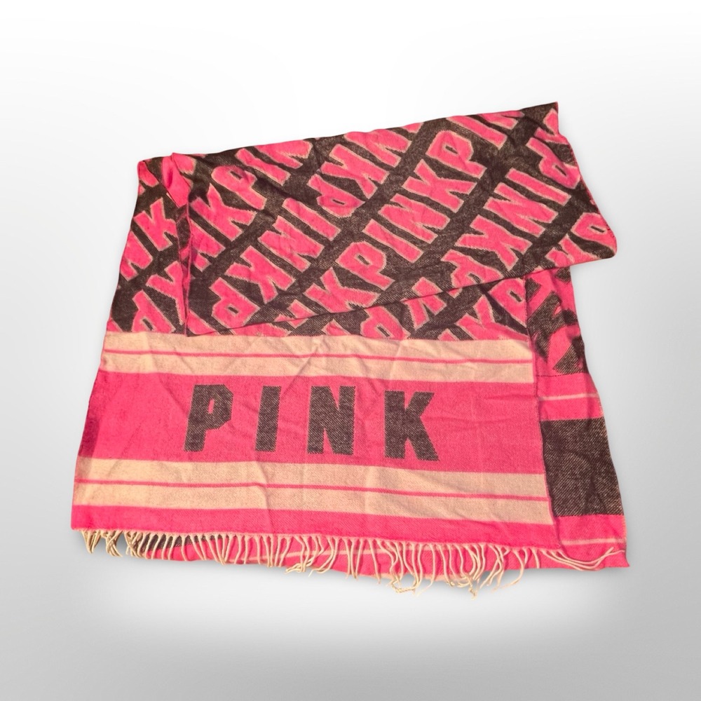 PINK Victoria's Secret Logo Stripe Scarf Wrap 27x88 Pink Black Tan Fringe boho
